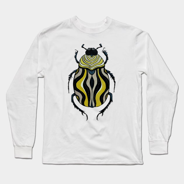 Cool Beetle With Stripes Ink Drawing Long Sleeve T-Shirt by Boriana Giormova